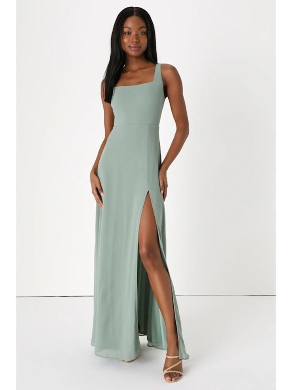 Lulus Maxi Dress Size Small Sage Green Sleeveless High Side Slit Back Zipper